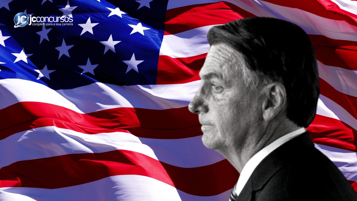 Bolsonaro de perfil e bandeira dos EUA ao fundo