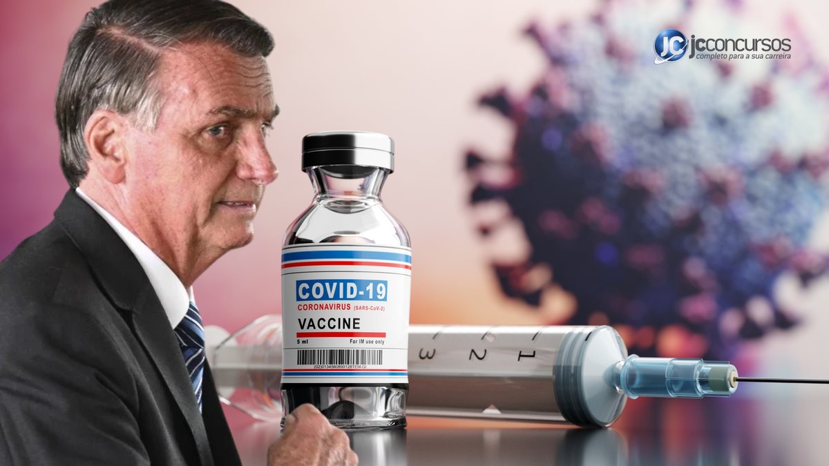 Bolsonaro de perfil e vacina da covid-19 ao fundo