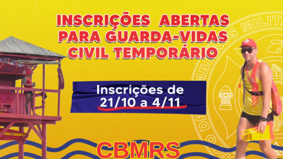 Processo Seletivo Bombeiros RS: banner com Guarda-Vidas e data de inscrição
