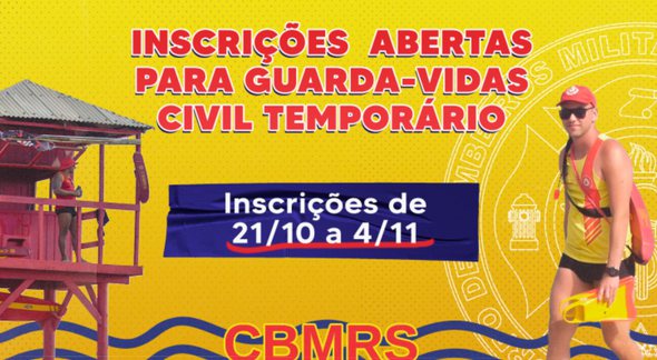 Processo Seletivo Bombeiros RS: banner com Guarda-Vidas e data de inscrição - Divulgação/CBMRS