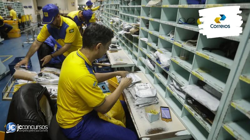 Concurso dos Correios: servidores organizam mercadorias para entrega em unidade da estatal