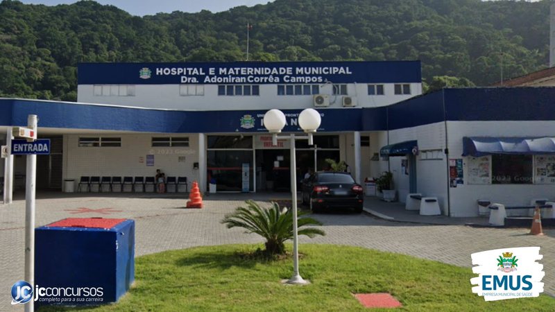 Concurso da EMUS de Mongaguá SP: prédio do hospital municipal, administrado pela Empresa Municipal de Saúde