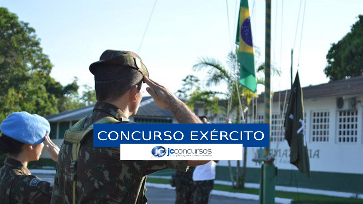 Concurso Exército - militares diante da bandeira do Brasil