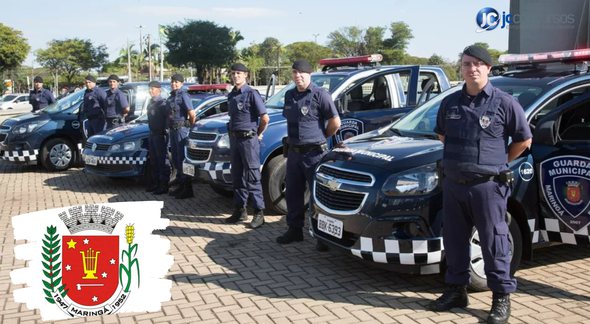 Concurso para guarda de Maringá PR: guardas municipais ao lado de viaturas - Divulgação/PMM