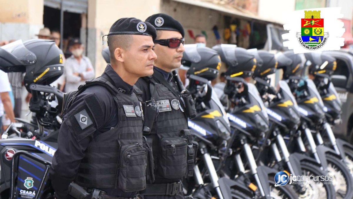 Concurso da PM CE: soldados da Polícia Militar do Ceará perfilados ao lado de motos