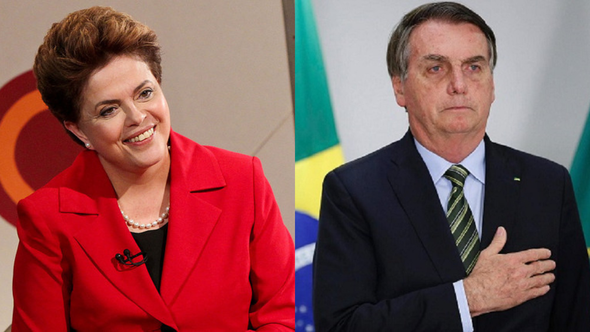 Dilma Roussef com terno vermelho à esquerda e Bolsonaro à direita