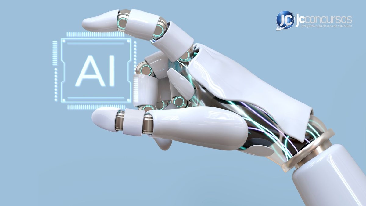 Mão de robô segura cubo com inscrição "AI"