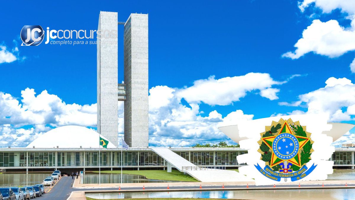 Congresso Nacional, em Brasília, e logo da República Federativa do Brasil