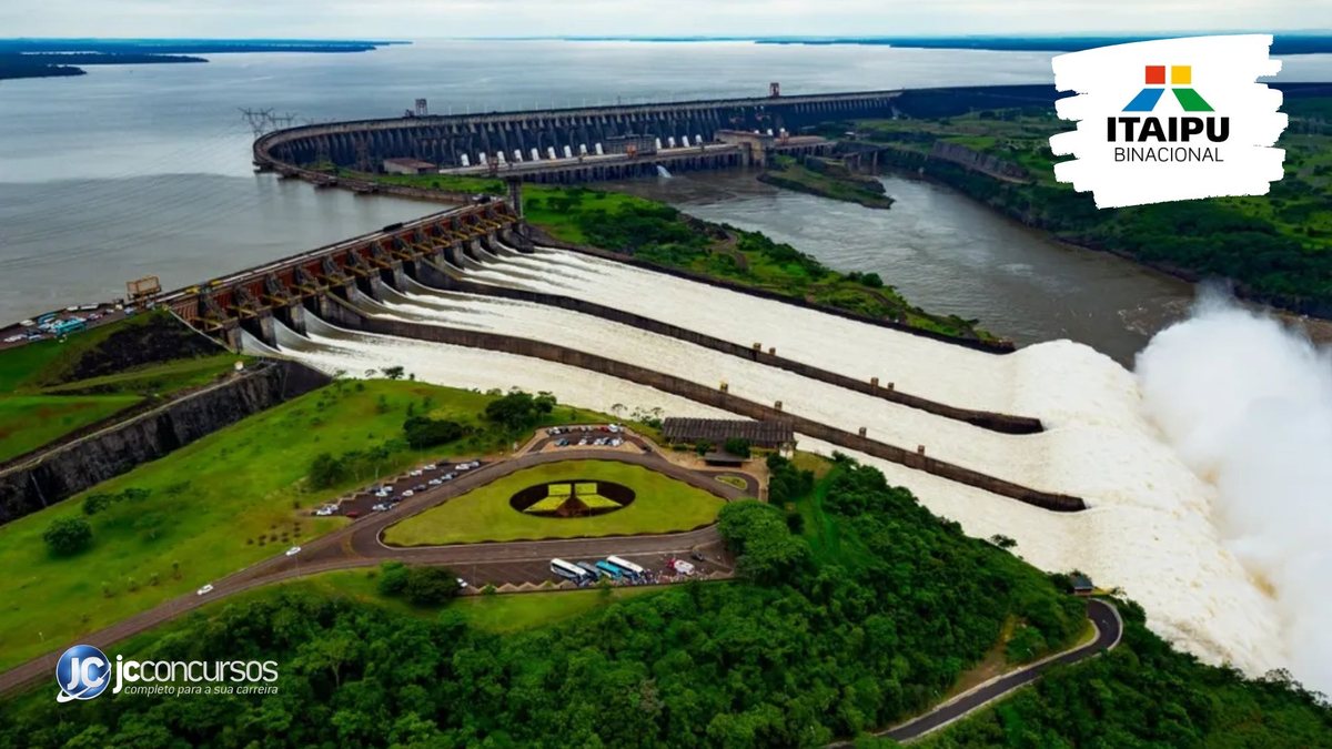 Processo seletivo da Itaipu Binacional: vista aérea da usina, localizada na fronteira entre o Brasil e o Paraguai