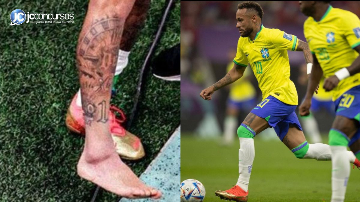Imagem do tornozelo de Neymar inchado após torção ao lado de foto sua correndo em campo em partida contra a Sérvia na Copa do Mundo 2022