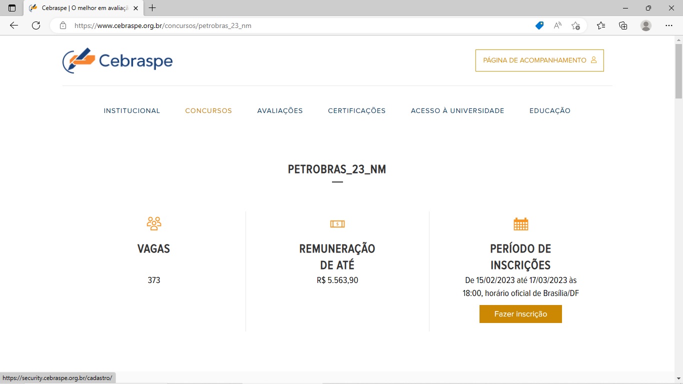 Página de inscrição para o concurso da Petrobras