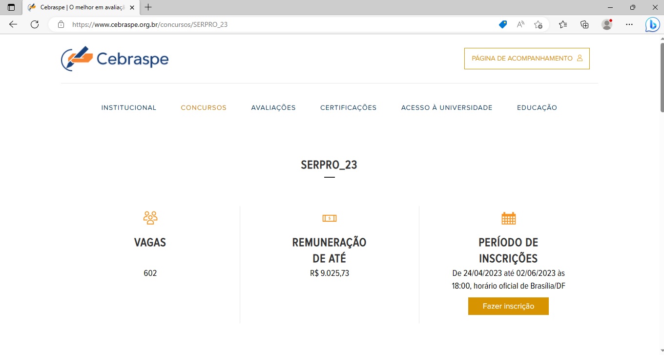 Página no site do Cebraspe para inscrição no concurso do Serpro 