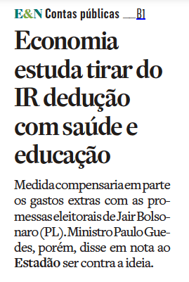 Recorte do jornal digital do Estadão com a chamada da matéria sobre a retirada da dedução de educação e saúde do IR